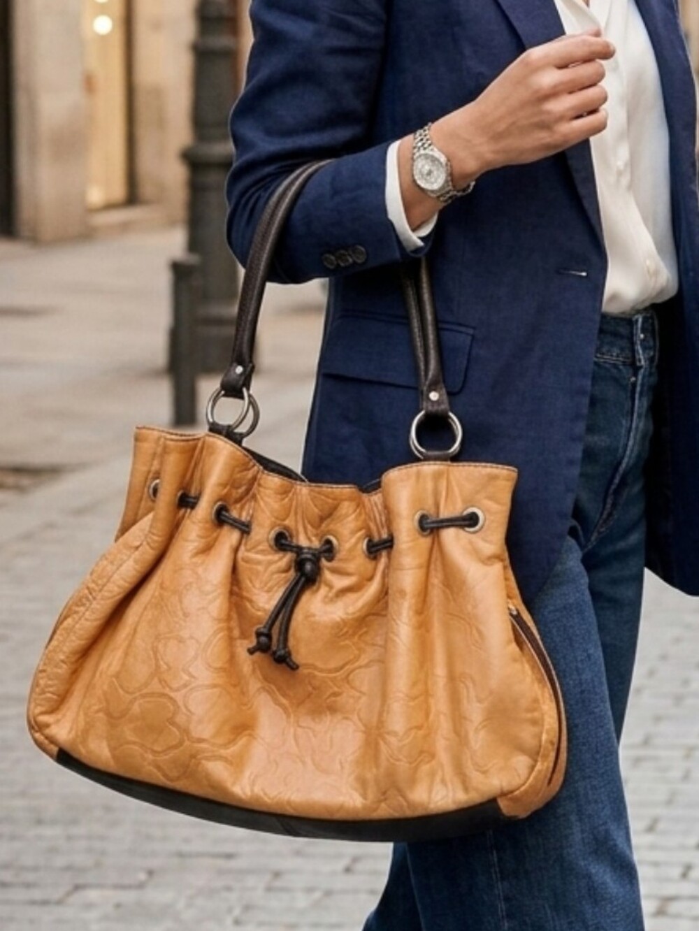 Vintage Leather Drawstring Tote Bag in Tan/Orange